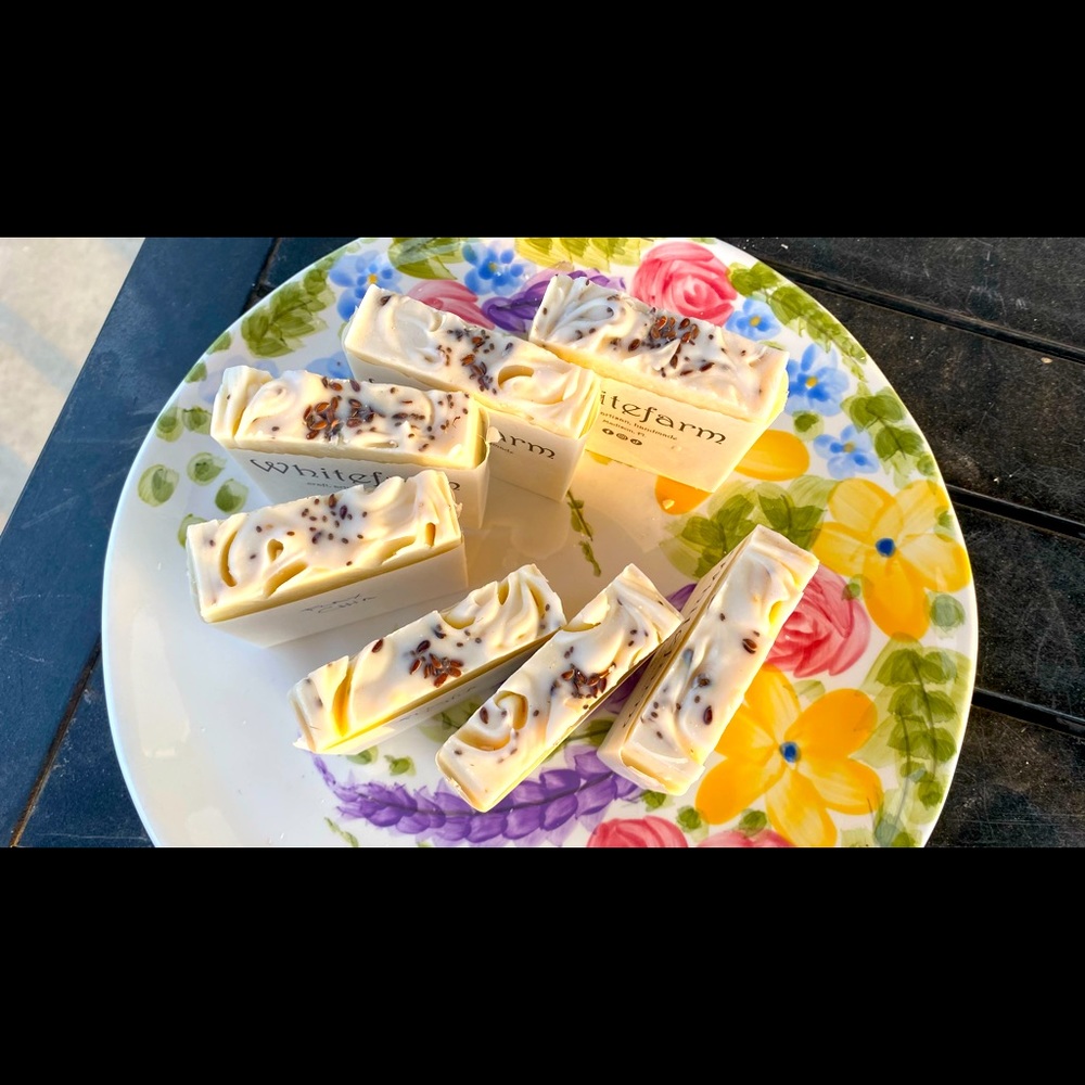 All naturally made, natural soap, handmade soap, Flax seed and Chia, unscented.